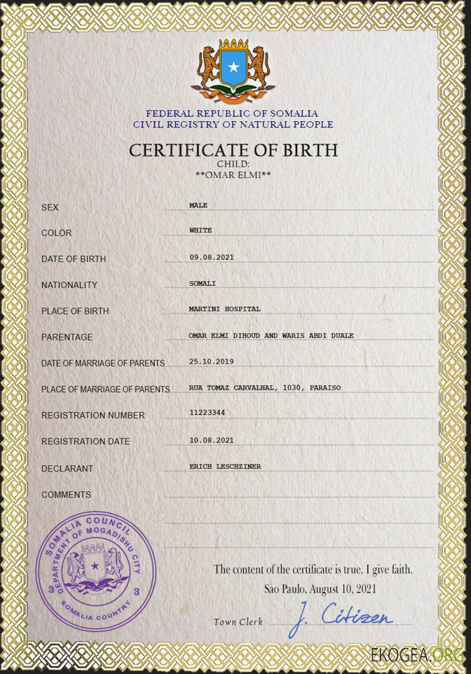 Modèle PSD de certificat de naissance de l'état civil de la Somalie